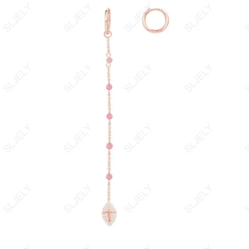 

SLJELY Fashion 925 Sterling Silver Rose Gold Color Asymmetric Pink Beads Long Drop Earrings Cubic Zirconia Women Monaco Jewelry