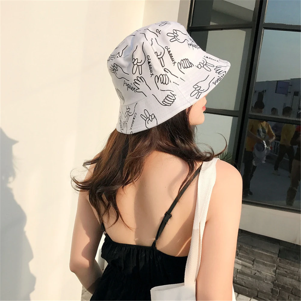 Neue Weibliche Frühling Eimer Hut Casual Outdoor Graffiti Fischer Kappe Große Krempe Schatten – Detail 4