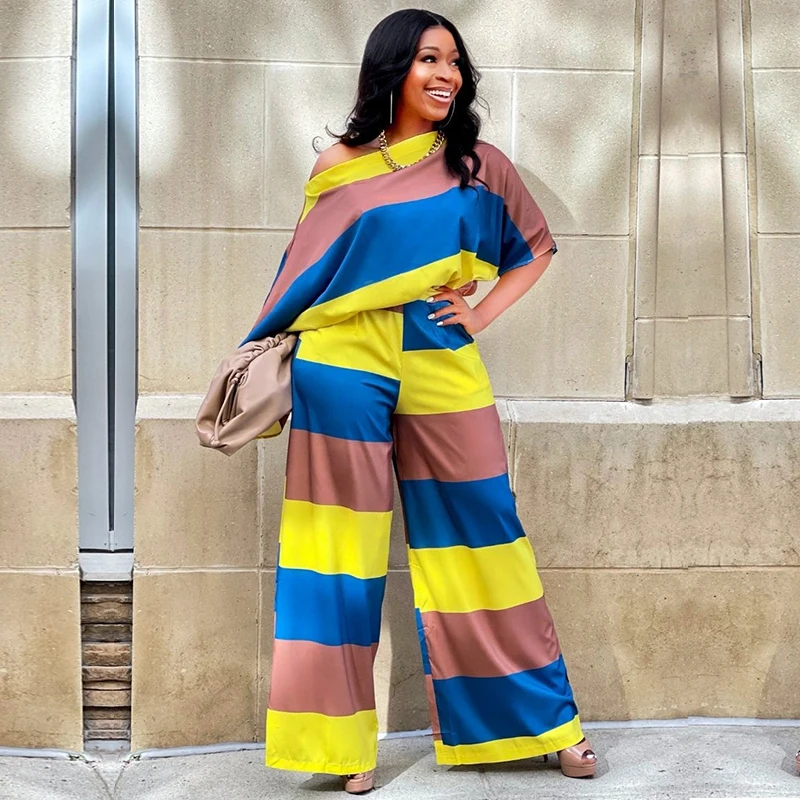 

2 Two Piece Set African Clothes For Women 2021 Dashiki Skew Neck Tops And Trousers Loose Suit Casual Streetwear Africa Lady Sets
