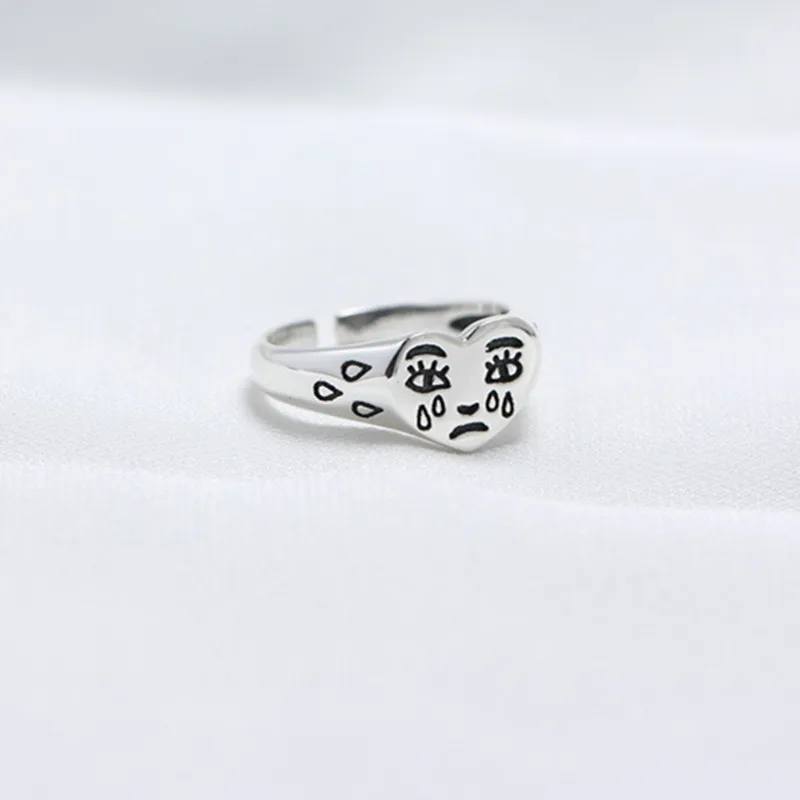 Vintage Ancient Silver Color Happy Smiling Face Open Rings for Women Punk Hip Hop Adjustable Ring Fashion Jewelry Best Gift 8
