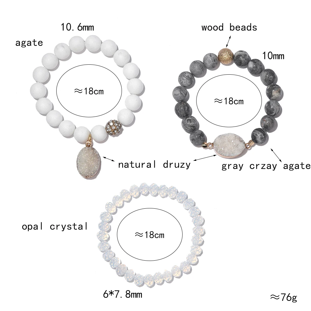BOJIU Natural Druzy Stone Charm Bracelet For Woman 2021 New Round Quartz Agates Faceted Crystal Beads Bracelets Jewelry BCSET311