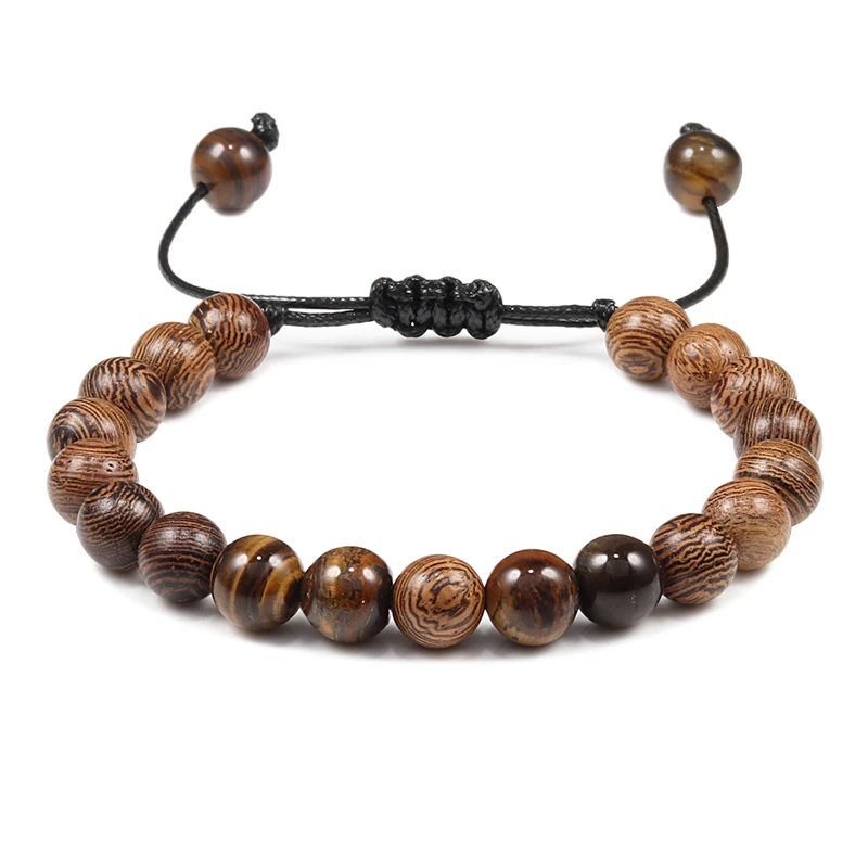 Модная черная лава регулируемый браслет женский ручной работы натуральный из тигрового глаза с Буддой бусины деревянные Йога браслеты для мужчин подарки - Окраска металла: Wooden Beads