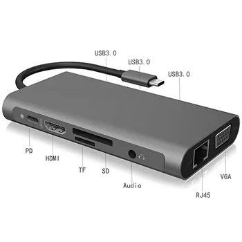 

Durable Laptop Docking Stations Type-C Hub Dongle USB C to 3xUSB3.0 HDMI TFRJ45 3.5mm VGA PD Splitter Laptop Accessories