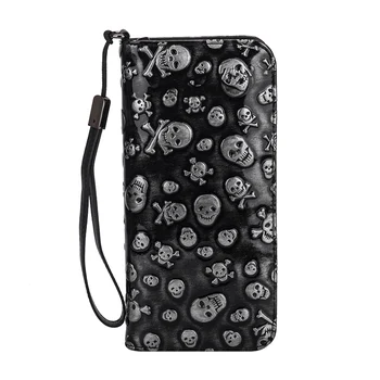 

Vintage Girls Boys Skull Head Long Wallet With Coins Pocket for Women Men Clutch Purses Genuine Leather Card Holder Wallets