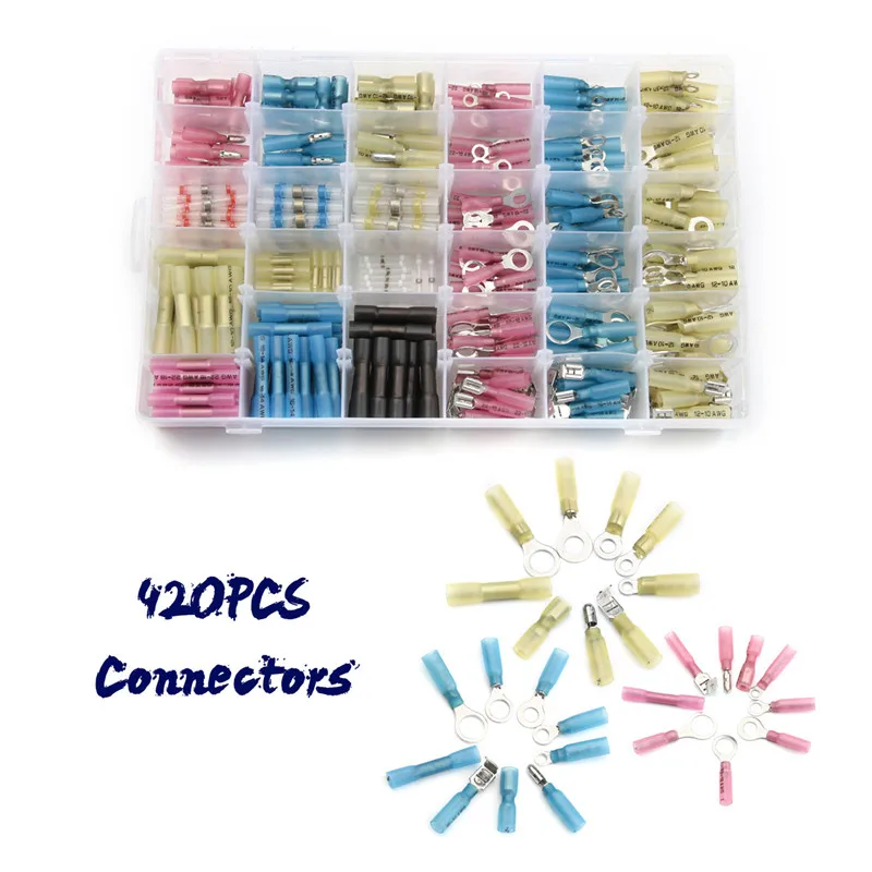420PC Waterproof Solder Seal Heat Shrink Terminals Set Insulated Electrical Wire Cable 4Sizes Connectors for 22-14 AWG