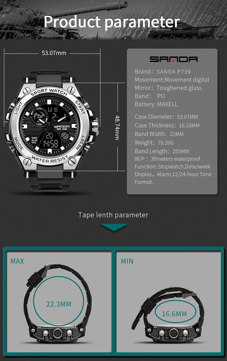 SANDA 739 Sports Men's Watches Top Brand Luxury Military Quartz Watch Men Waterproof S Shock Male Clock relogio masculino 2021
