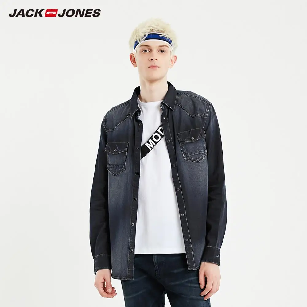 Мужская джинсовая рубашка JackJones модная повседневная из 100% хлопка с длинными
