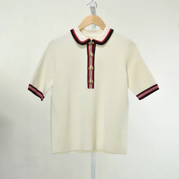 

19 Xia Yangzi Small Xiangfeng Lapel Stripes Splicing Cuff Knitting Shirt 91019