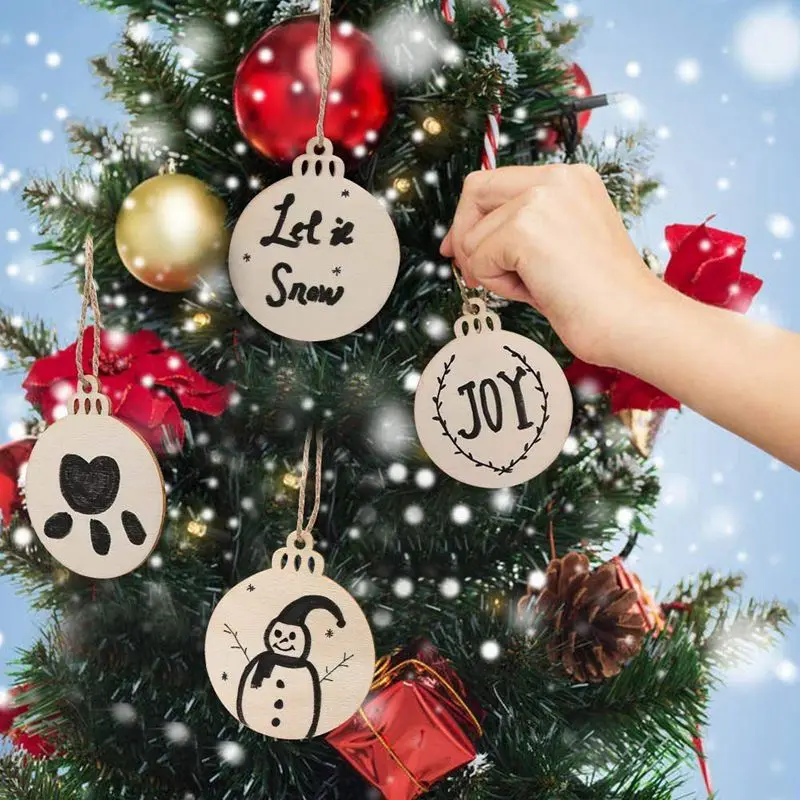 50pcs DIY Craft Wooden Round Bauble with 50pcs Twines to Paint, Unfinished Christmas Hanging Ornaments Natural Blank Wood Discs