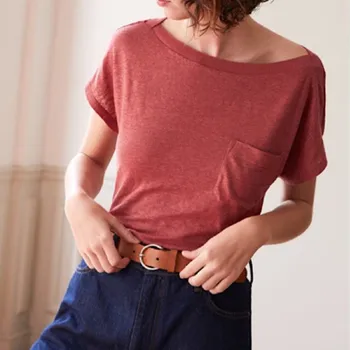 

2020 New Sumer Women T Shirt 100% Linen Simple Tee Short-sleeved Ladies Tee Female Four-color T-shirts Top With Single Pocket