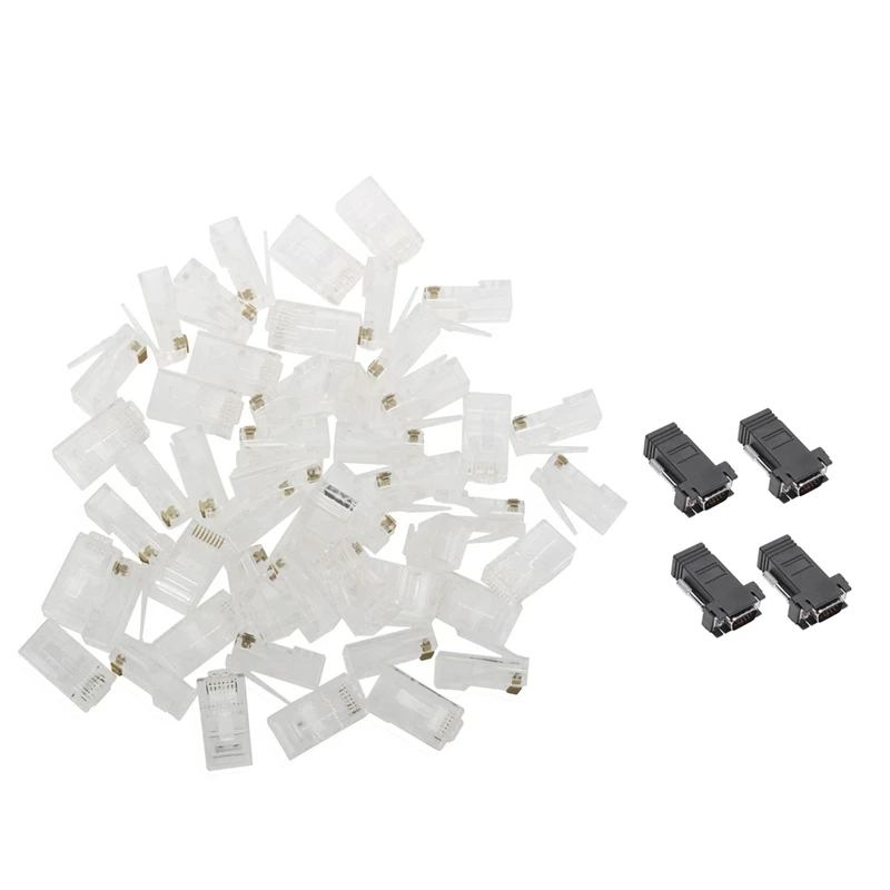 

Hot50Pcs Rj45 8P8C Network Lan Cat5E Cat6 Modular Plug Jack Clear & 1Pcs Vga Extender Male To Cat5 Cat6 Rj45 Network Cable Adapt