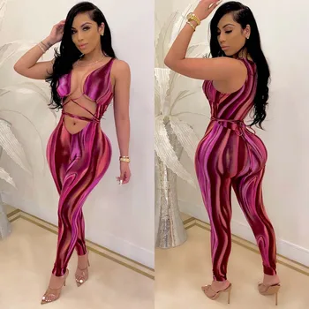 

Wjustforu Ladies Sexy Exposed Navel Strap Slim Bodysuit Rose Red Spaghetti Strap Nightclub Party Slim Pencil Jumpsuit For Women