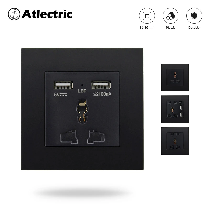 Универсальная Розетка Atlectric с двумя usb портами адаптер зарядного устройства для