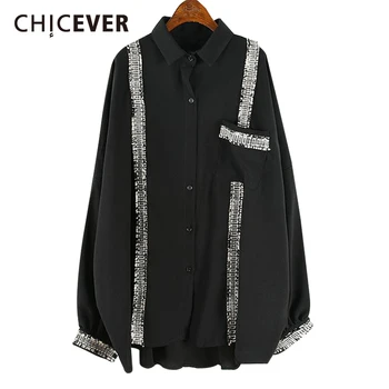 

CHICEVER Irregular Patchwork Shirt Female Lapel Collar Lantern Sleeve Oversize Loose Hit Color Blouse For Women 2020 Autumn New
