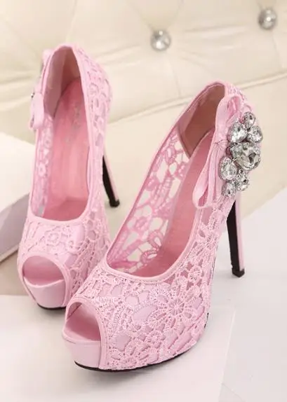 Модные свадебные кружевные туфли со стразами на высоком каблуке|Туфли| |