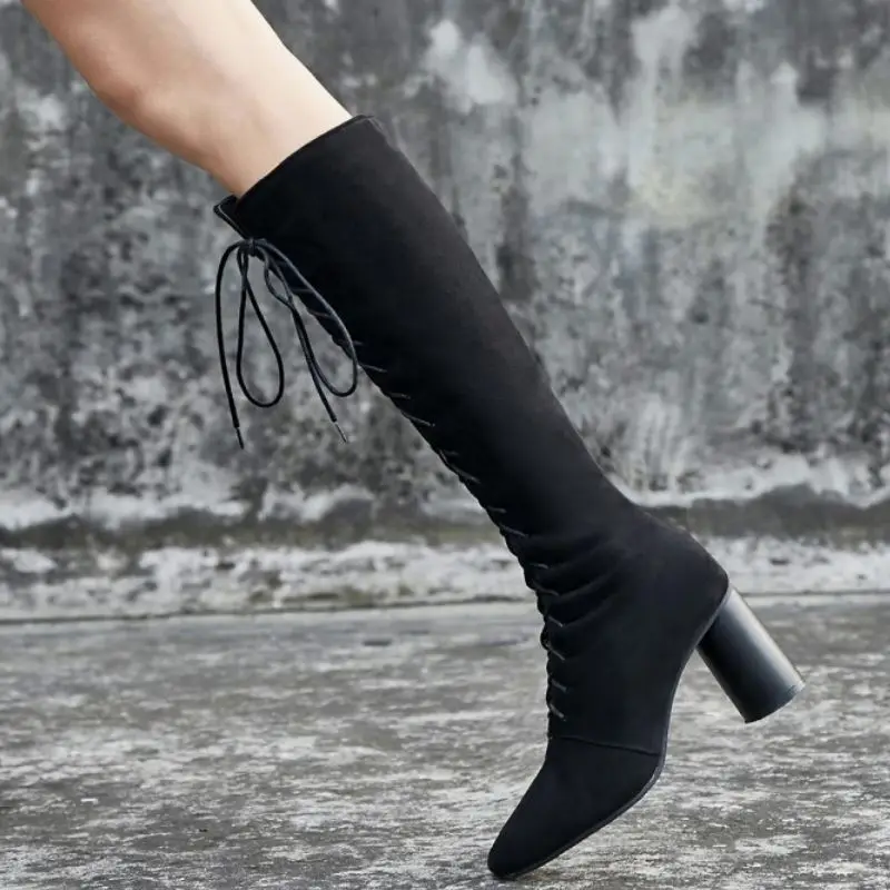 Haoshen& Girl/зимние женские сапоги до колена на высоком каблуке Ботинки на каблуке 7 см со шнуровкой теплая женская обувь черного цвета, большой размер 13