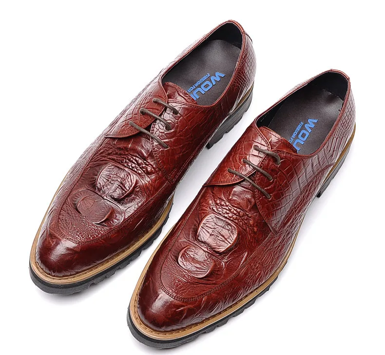 QYFCIOUFU New Fashion Alligator Pattern Single Lace Up Formal Shoes Men Pointed Toe Dress Shoes Breathable Groom Wedding Shoes