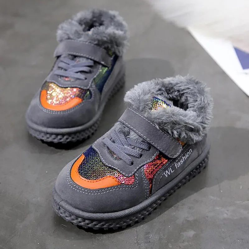 

New fashion children boots with fish scale decoration low-top warm boys snow boots colorful sequins upper girls fashion boots