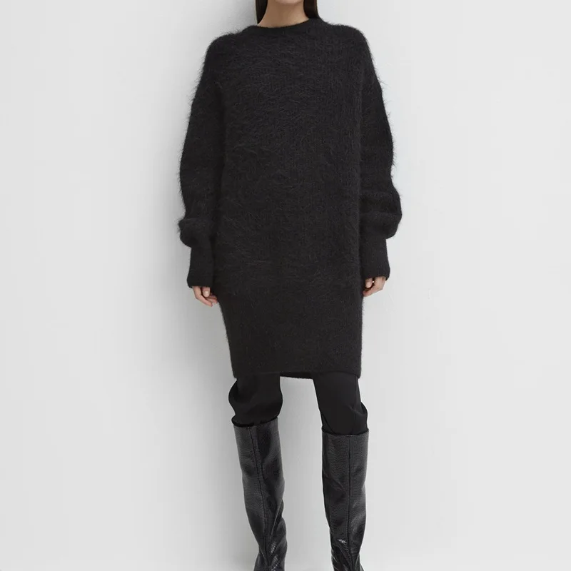 Женское вязаное шерстяное платье Benfeld Черное длинное свитер большого размера с