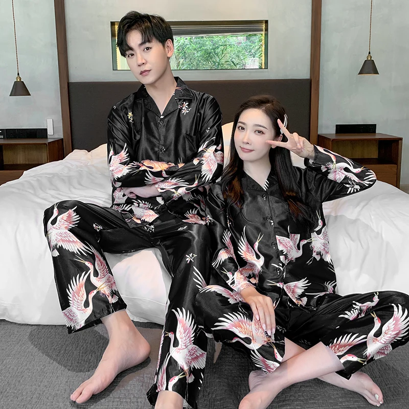 Men Women Lovers Comfortable Pyjamas Plus Size 3XL Long Sleeve Casual Home Wear Autumn Silk Couples Pajama Set Leisure Sleepwear