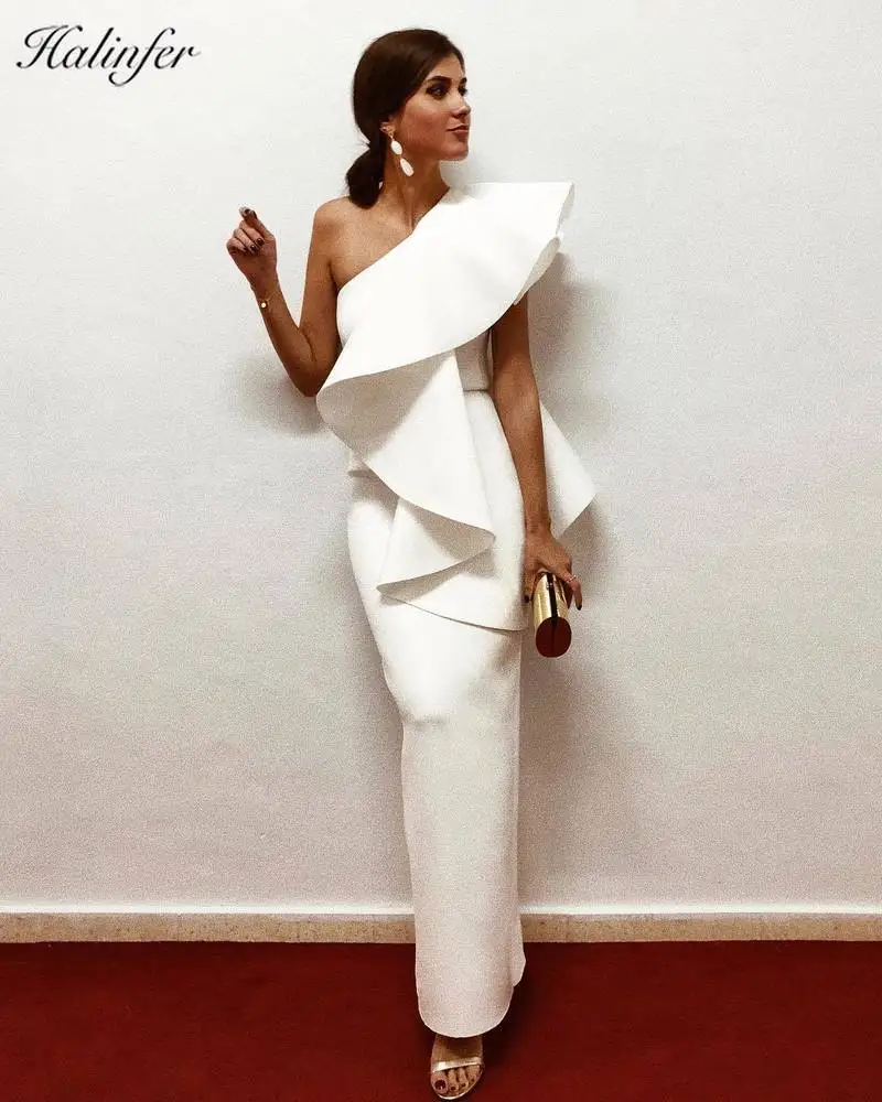 

Halinfer2019 new summer women dress sexy bodycon Oblique collar Ruffles bandage dress elegant celebrity party dresses vestidos