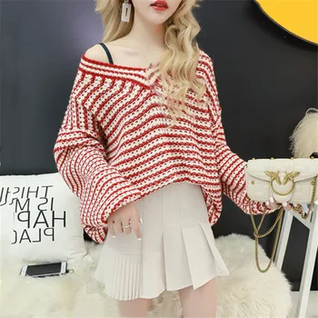 

V-neck Knitted Pullover Sweater For Women 2019 Autumn Winter Striped Women Long Women Sweater Jumpers Ladies Thin Sweaters