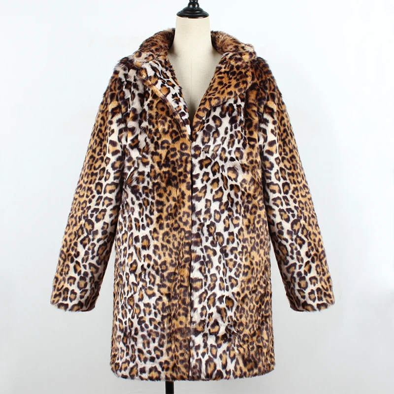 Мех под леопарда пальто женское зимнее плотное длинное пальто элегантное женское пальто из искусственного меха с отложным воротником Меховая куртка
