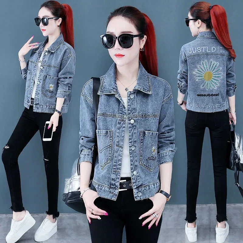 

Spring Autumn Jean Coat Women 2023 New Embroidery Letter Single Breasted Loose Hip Hop Jacket Female Short Moto Denim Jacket