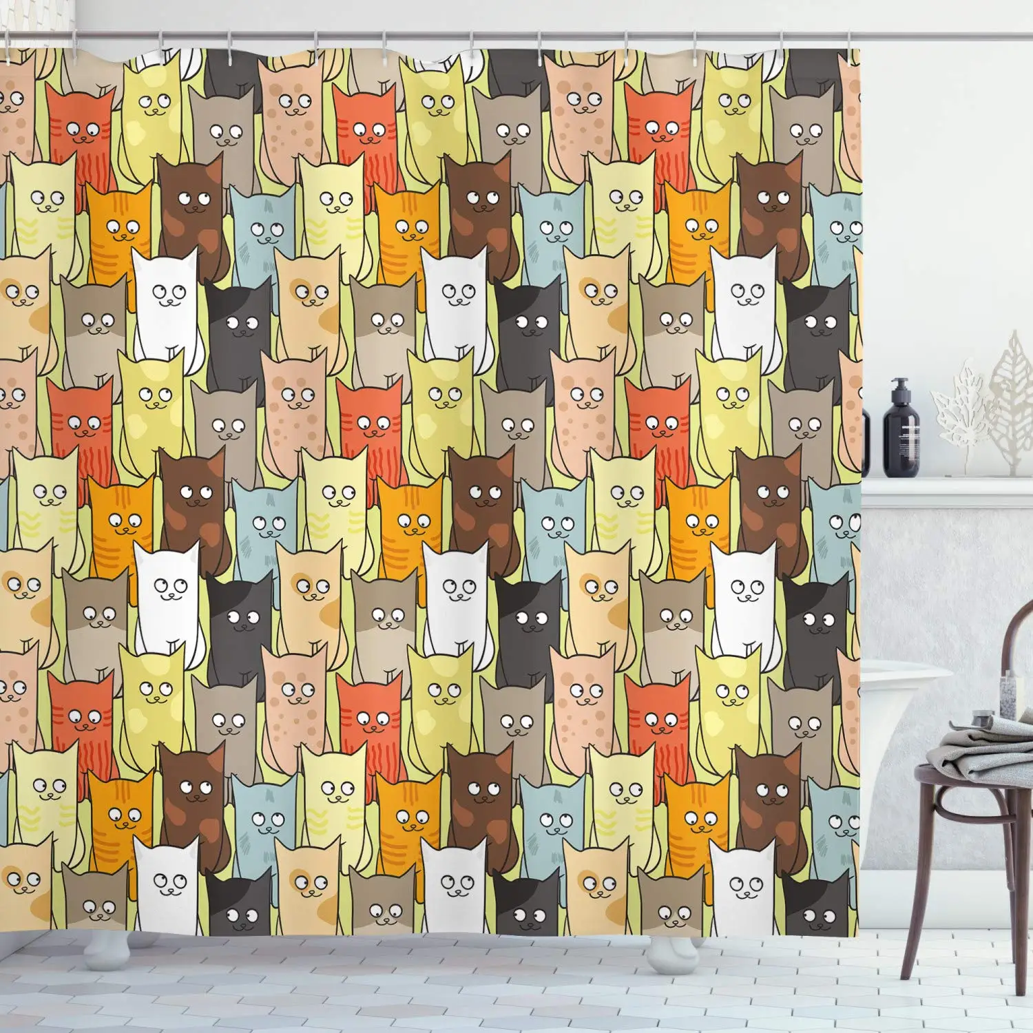 Cats Shower Curtain Funny Colorful Graphic Kittens Cartoon Style Boys