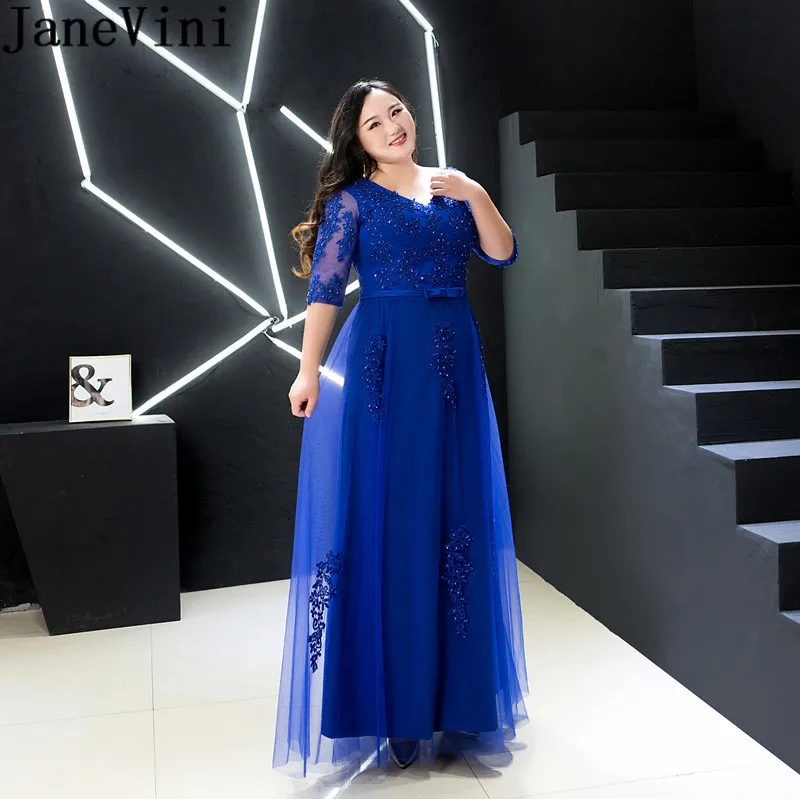 JaneVini Elegant Royal Blue Plus Size Moeder van de Bruid Jurken voor Bruiloften Kralen Kant Lange Halve Mouwen Diner Jurk jassen JaneVini Elegant Royal Blue Plus Size Moeder van de Bruid Jurken voor Bruiloften Kralen Kant Lange Halve Mouwen Diner Jurk jassen