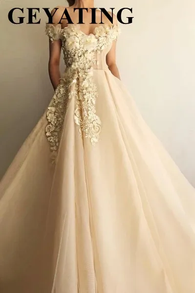 Элегантное вечернее платье с открытыми плечами, 3D цветочной аппликацией, кремовое,, длинные женские вечерние платья для свадьбы, выпускного вечера, вечерние платья