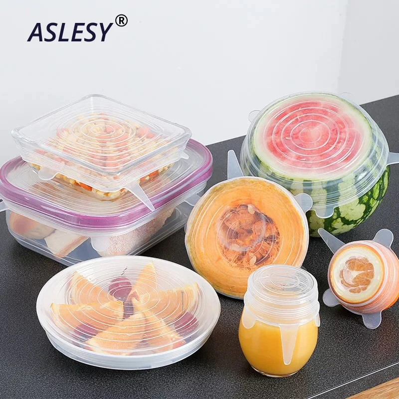 

6 Pcs/ Set Universal Food Silicone Cover Reusable Seal Transparent Stretch Lids Caps for Cookware Pot Cover Kitchen Accessories