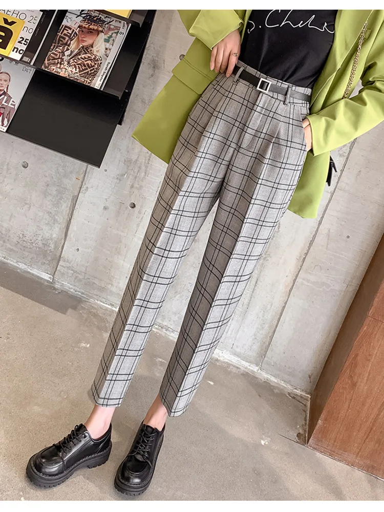 JUJULAND Stretchy Plaid Pencil Pants Women Casual Autumn Women Trousers Elastic Waist Tweed Slant Elegant 7232 - Цвет: Серый