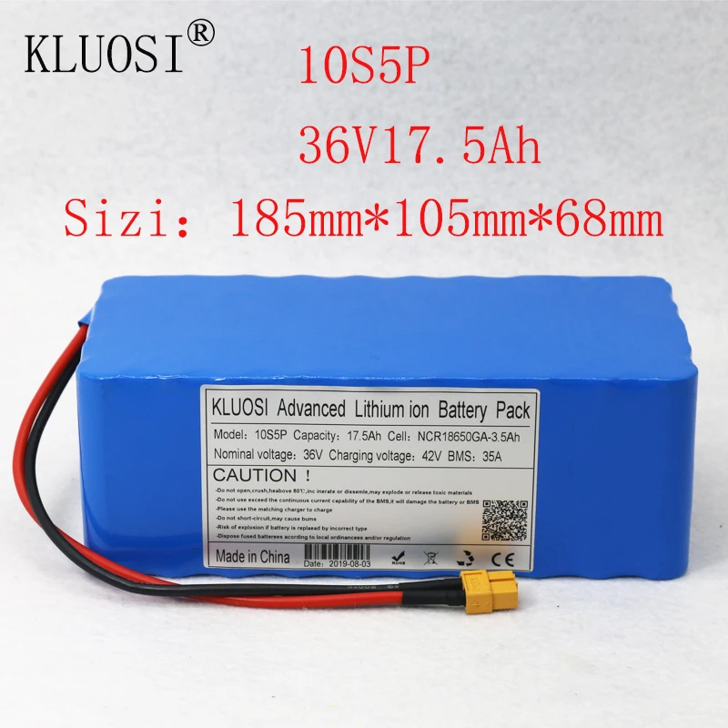 

KLUOSI 36V Battery 10S5P 17.5Ah for NCR18650GA with 35A Balance BMS 42V Li-Ion Battery Pack Ebike Electric Bicycle Motor Scooter