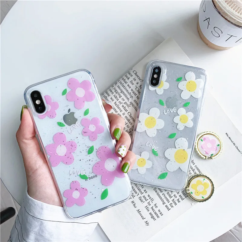 

Silver Foil Flower Phone Case For iPhone 7 6 6s 8 Plus Glitter Bling Floral Cases For iPhone 11 Pro Max XR X XS Max Soft Covers