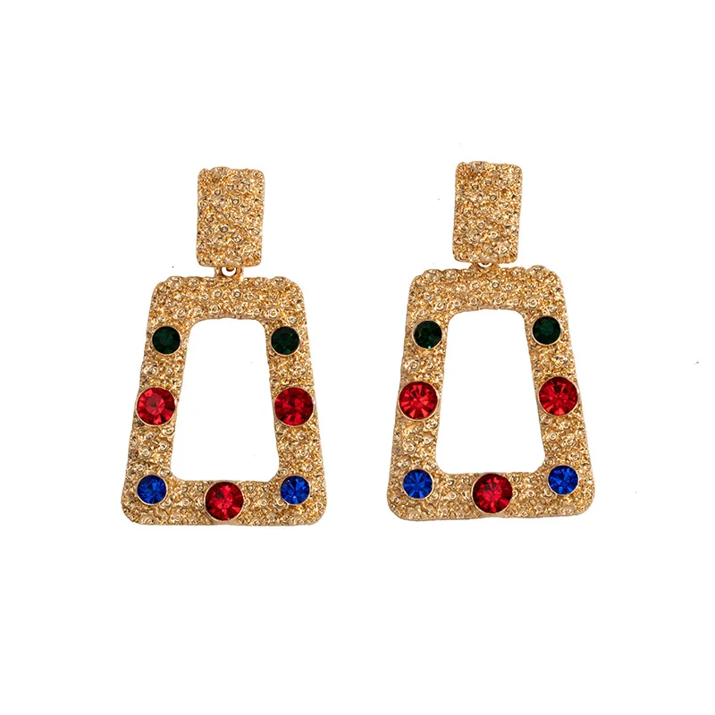 

WHOMEWHO Gold Metal Colorful Stones Geometric Indian Bridal Minimalist Drop Earrings Summer Korean Fashion Party Wedding Jewelry