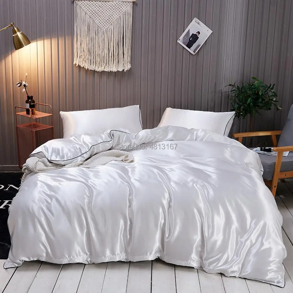 Роскошный имитирующий шелк пододеяльник набор атласное шелковое дома текстильное одеяло с наволочкой 2/3 шт. Твин queen King белого и черного цвета
