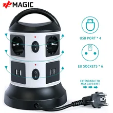 Tomada múltipla da tira de alimentação com 4 portas de carregamento usb 6 tomada torre 2 switche 3m cabo proteção contra surtos tomada inteligente para o escritório