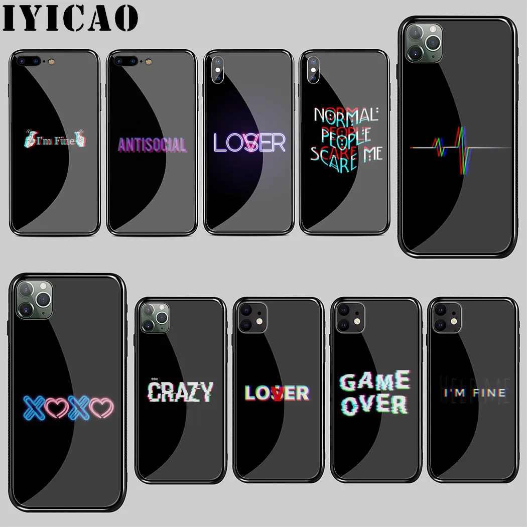 Цветной текст на черном фоне закаленное стекло чехол для iPhone 5 5S SE 6 6S 7 8 Plus 11 Pro X XR XS