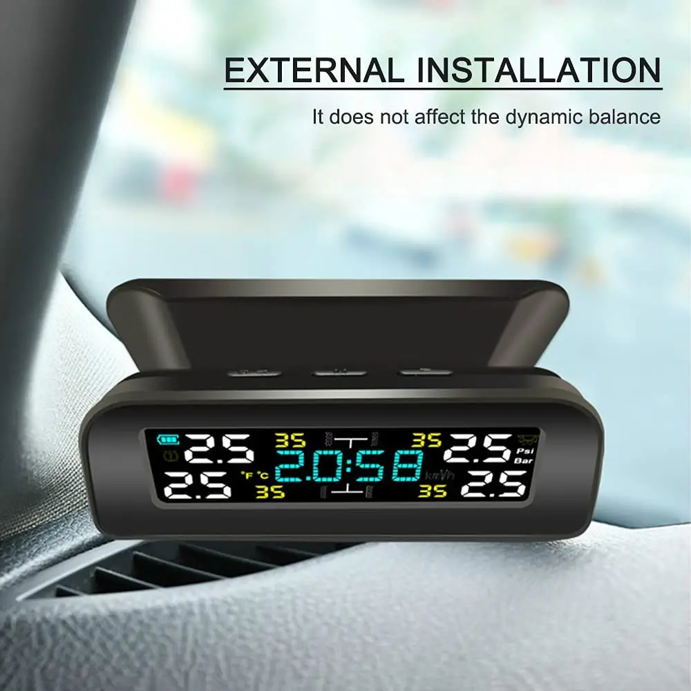 Universal TPMS Wireless Tire Pressure Monitoring System Solar Power Clock LCD Display 4 External Sensor Tire Pressure Sensors Car Tire Pressure Monitor Motorcycle Tire Pressure Monitor Car Tire Pressure Sensor