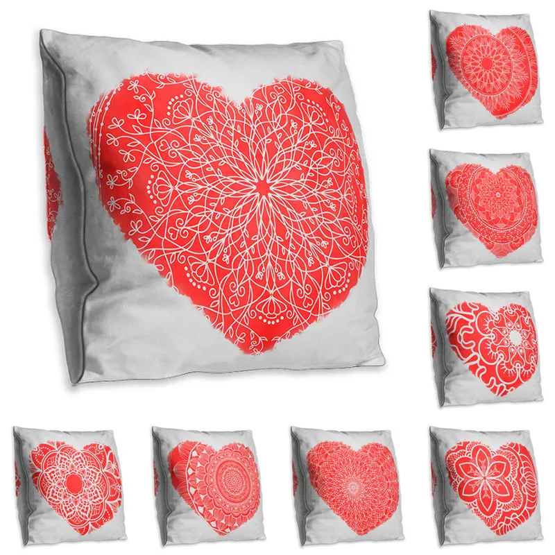 Pillow Case Red Heart Decoration Cushion Cover Polyester Mandala Print For Couple Home Decor 45*45cm | Дом и сад