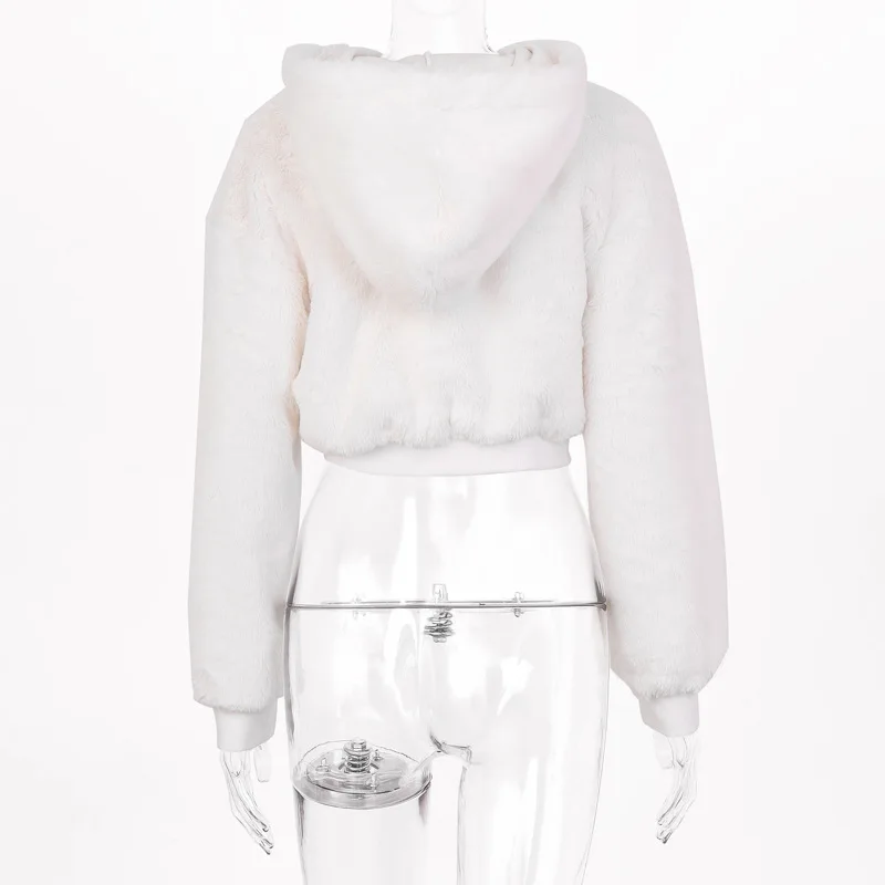 Длинный рукав искусственный мех с капюшоном укороченный Топ куртка Осень Зима Женское теплое пальто уличные вечерние Твердые наряды белого цвета