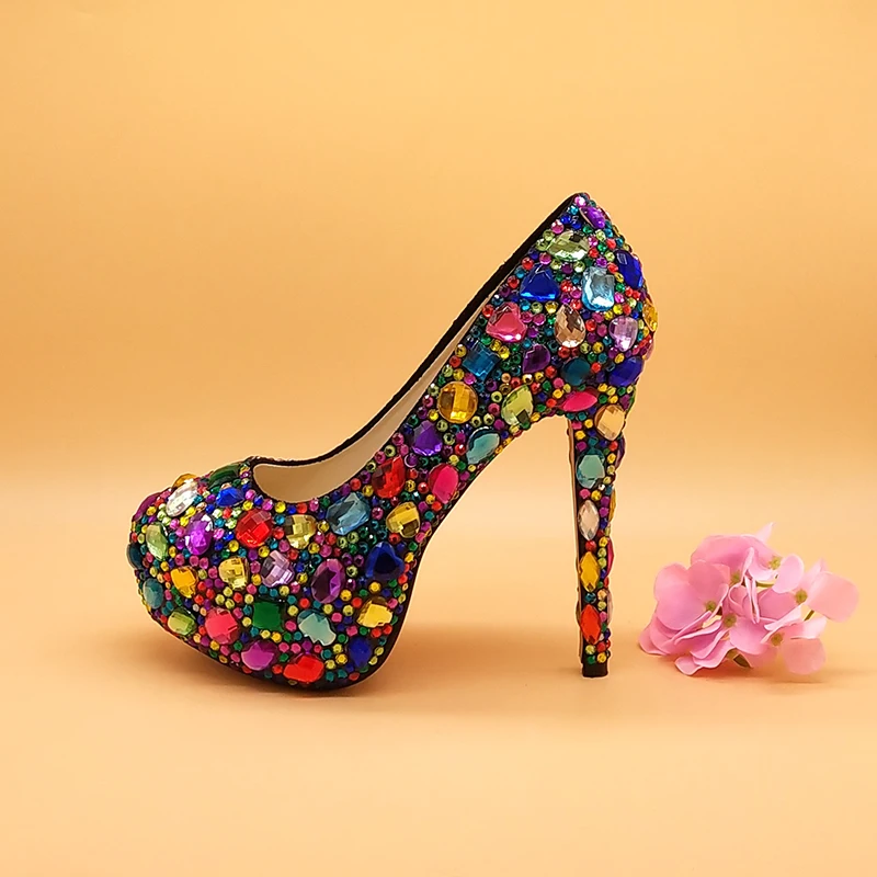 14cm Pumps Женские свадебные туфли с сумочкой в комплекте; Разноцветные туфли на платформе и высоком каблуке со стразами; женские вечерние модельные туфли; женские туфли-лодочки - Цвет: 14cm Pumps