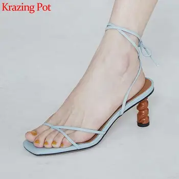 

Krazing pot 2020 summer natural leather peep toe flip-flop strange high heel cross-tied butterfly-knot lace up sandals women L46