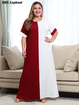 

Plus size Summer Women Casual Loungewear O-Neck Short sleeves Patchwork Sleepshirts Female Loose Nightdress Home long dress