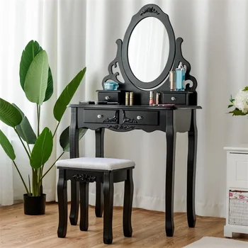 

Exquisite Vanity Makeup Dressing Table Stool Set Sturdy Wooden Frame Rotating Mirror 4 Storage Drawers Bedroom Furniture HW55562