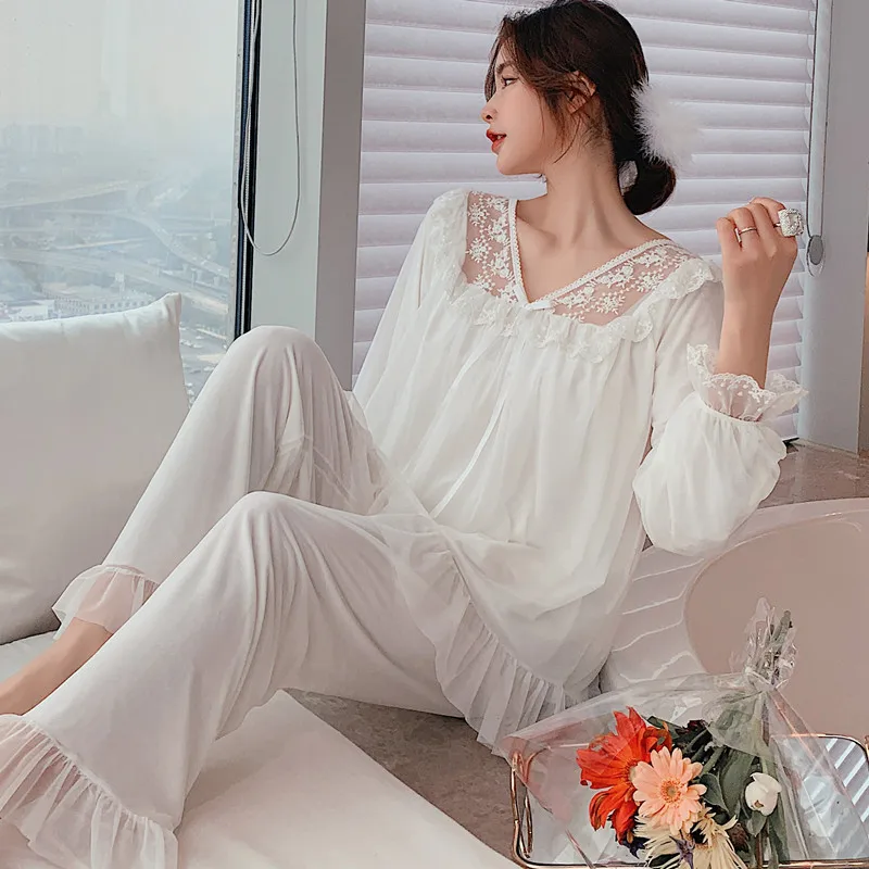 

Women Lace Pajamas Set Loungewear New Sleepwear Shirt&Pants Sleep Suit 2PCS Satin Pyjamas Casual Nightwear Intimate Lingerie