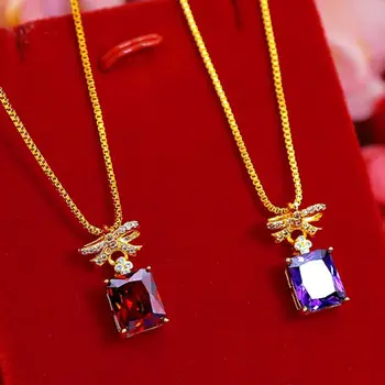 

Square Cut Cubic Zircon Red/Purple Charm Pendant Chain Yellow Gold Filled Shiny Jewelry Gift