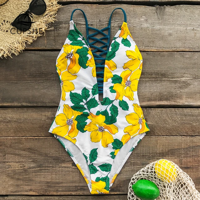 US $14.69 CUPSHE Yellow Floral LaceUp Deep Vneck OnePiece Swimsuit Sexy Open Back Women Monokini 2020 Girl
