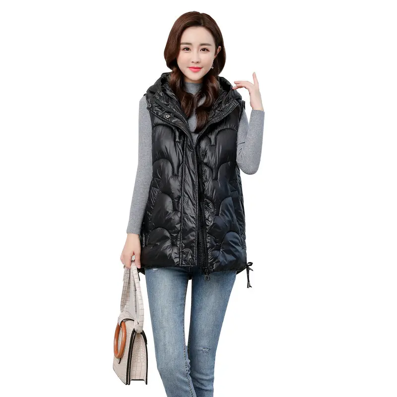 

LINGWAVE 2020 New Detachable Hat Glossy Winter Women Vest Quilting Drawstring Hooded Winter Waistcoat Vest Jacket Women